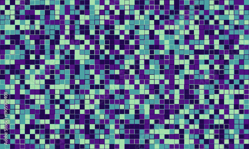 Abstract mosaic pattern of purple, teal, and green squares.  Perfect for backgrounds, tech designs, website headers, or presentations needing a modern, vibrant feel.