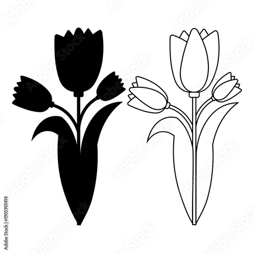 Minimal tulip flower silhouette and outline vector illustration set featuring elegant botanical shapes in black and white style suitable for spring design floral decoration branding logo print