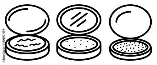 Elegant set of three minimalist line art icons depicting makeup compacts. These sleek vector designs show open powder cases, ideal for beauty branding, blogs, or digital app interfaces.