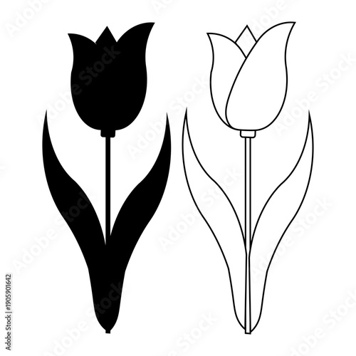 Minimal tulip flower silhouette and outline vector illustration set featuring elegant botanical shapes in black and white style suitable for spring design floral decoration branding logo print