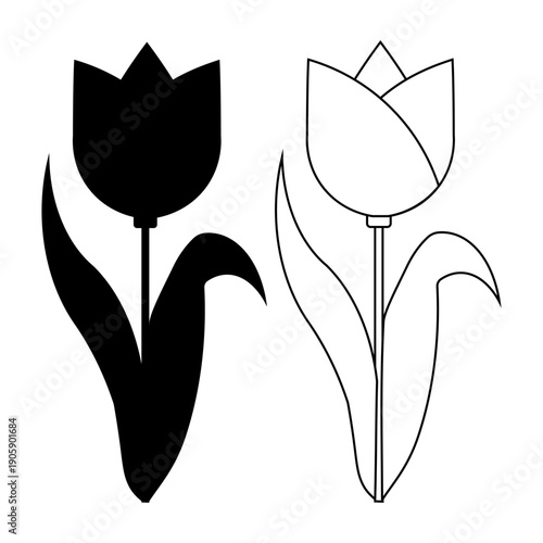Minimal tulip flower silhouette and outline vector illustration set featuring elegant botanical shapes in black and white style suitable for spring design floral decoration branding logo print
