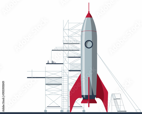 Rocket on launchpad with scaffolding structure around it ready for liftoff