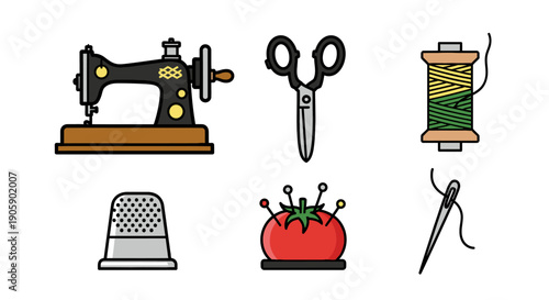 Sewing machine, scissors, threads, thimble, and pincushion displayed together on a clean white background showcasing various sewing essentials and tools.