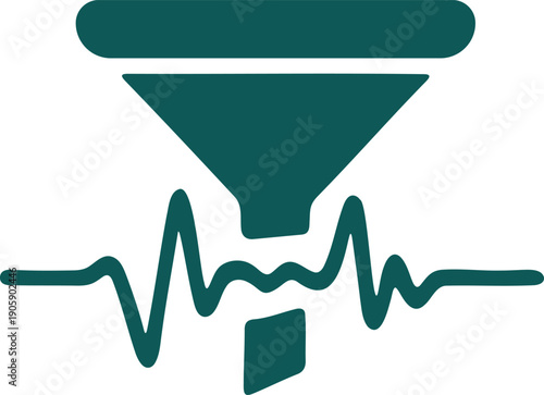 Green funnel with a heartbeat line and block falling through isolated on white background for business and filtering concepts