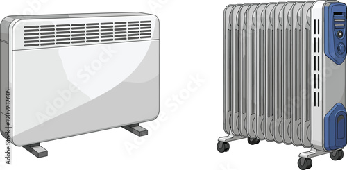 Electric space heaters comparison illustration showing wall mounted convector and portable oil radiator, home heating options, energy efficiency, winter warmth, indoor comfort concept