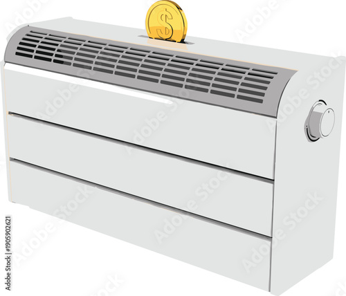 Electric wall heater with thermostat and coin symbol illustrating energy cost savings, efficient home heating, electricity consumption, winter comfort, and household utility concept