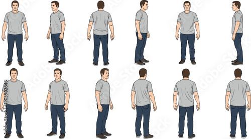 Man in Gray T-Shirt Multiple Views for Character Design, Perfect for Explainer Videos and Online Tutorials, Offering Versatile Poses and Perspectives, Ideal for Animation Projects