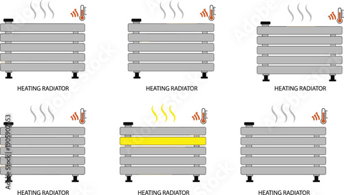 Heating radiator temperature variation illustration set showing thermal levels, home energy efficiency, heating system icons, infographic design, modern household technology concept visual