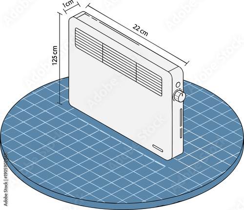 Isometric electric heater illustration with technical dimensions, modern portable heating appliance design, minimal line art style for engineering and product presentation
