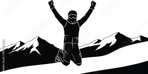 Winter olympics athlete celebrates on snowy mountain peak