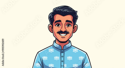 Cheerful Cartoon Man in Blue Kurta with Lotus Design: A Vibrant Illustration for Cultural Celebrations and Educational Materials, Promoting Diversity and Inclusivity