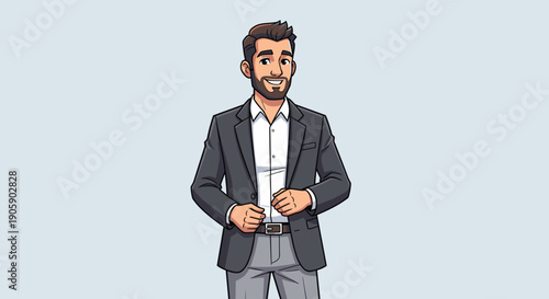 Confident Businessman Cartoon Character: Presentation Ready and Smiling - A Versatile Image for Corporate Communications and Marketing Material, Ideal for Educational Websites