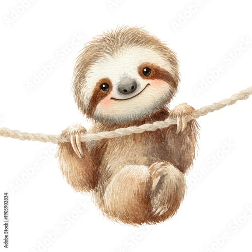 Cute Cartoon Sloth Hanging on a Rope with a Cheerful Expression