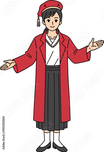 Smiling Woman with Beret Welcoming with Open Arms: A Cheerful and Inviting Vector Illustration for Education, Fashion and Cultural Content