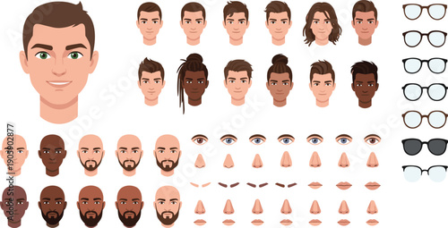 Customizable Cartoon Character Head Kit for Diverse Digital Avatars and Portraits, Emphasizing Diversity and Inclusivity for Modern Design Projects and Personalized Media