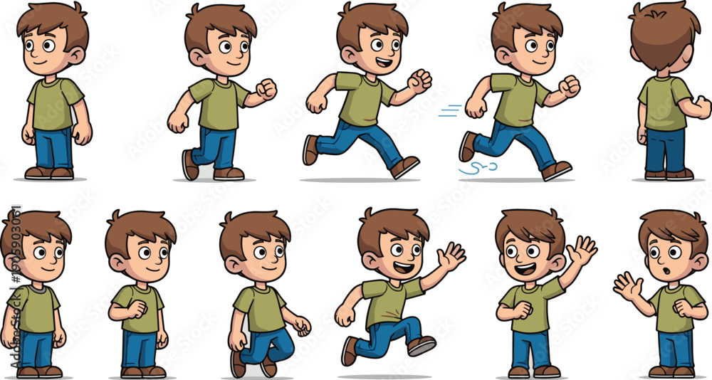 Obraz premium Animated Boy Character Poses for Game Development: Expressive Spritesheet Featuring Running, Waving, and Standing Illustrations for Interactive Media and Education Projects