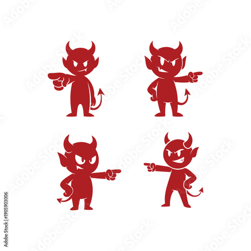Cartoon Devil Evil characters icons  pointing finger gestures. flat design different Attitude emotions illustration.
