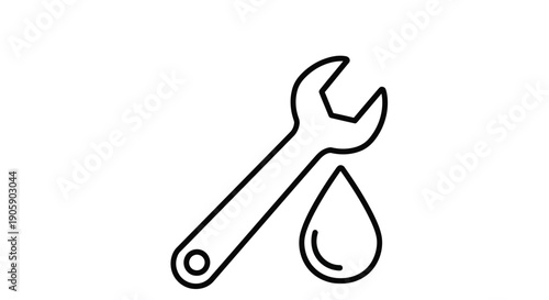 Simple line drawing of an adjustable wrench and a single water droplet