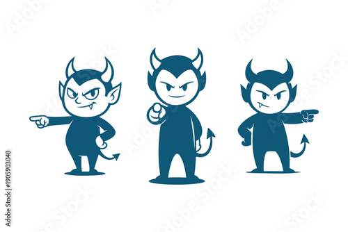 Cartoon Devil Evil characters icons  pointing finger gestures. flat design different Attitude emotions illustration.
