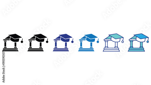 A series of icons representing educational institutions with graduation caps.
