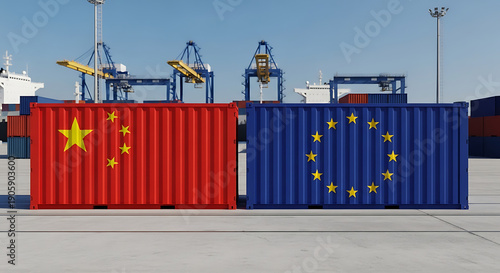 International Trade Shipping Containers with China EU Flags