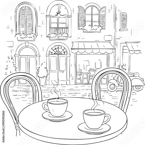 Vintage cafe scene with two steaming cups of coffee on a table, outdoor seating area with buildings in the background, line drawing illustration.
