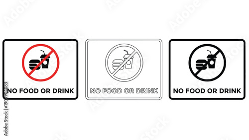 Three signs indicating no food or drink are allowed in this area.