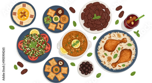 Assortment of international dishes on plates, showcasing various cuisines and ingredients from around the world in a digital illustration.