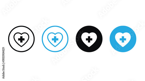 Medical heart icons with cross symbol in various colors and styles