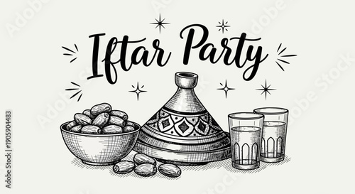 Celebrating Iftar Party with Traditional Food and Drinks in a Festive Atmosphere from a Front View