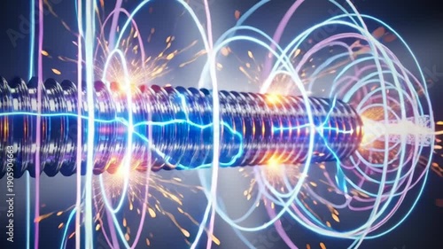 Vibrant quantum technology concept with glowing blue coils and energy bursts