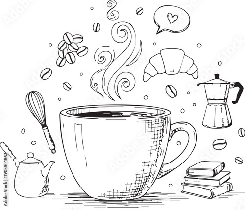 Coffee and pastry illustration with cup, croissant, coffee beans, and books, drawn in a sketchy style.
