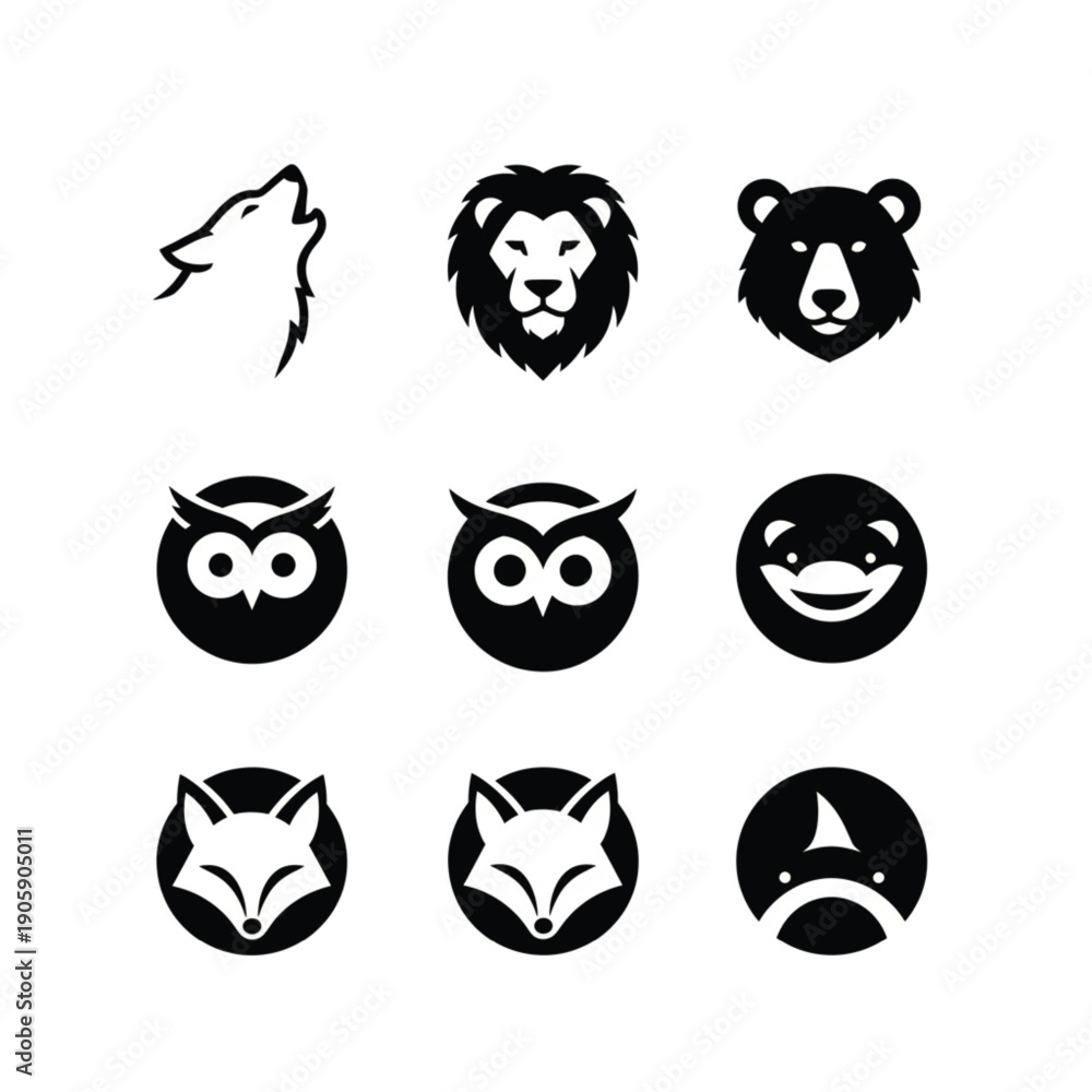Obraz premium Animal Face Silhouette Icons Black Vector