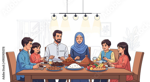 Family gathering around dinner table with traditional meal and cultural attire in a cozy dining room setting from a high viewpoint