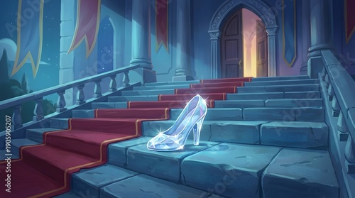 Cinderella's glass slipper left on palace stairs at night, magical fairy tale