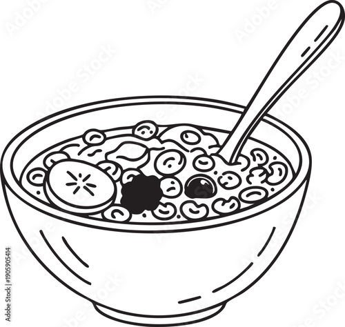 Vector illustration of a bowl of oatmeal with sliced fruit and a spoon, isolated on transparent background