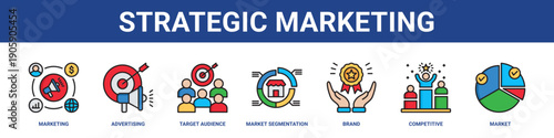 Strategic Marketing web banner icon set collection solid style.