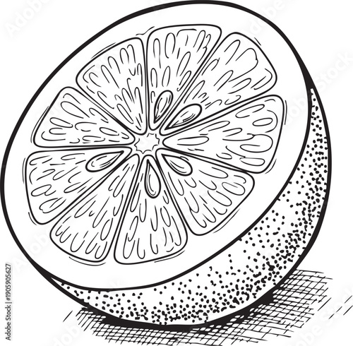 Vector illustration of a halved grapefruit with visible segments and textured peel, isolated on transparent background