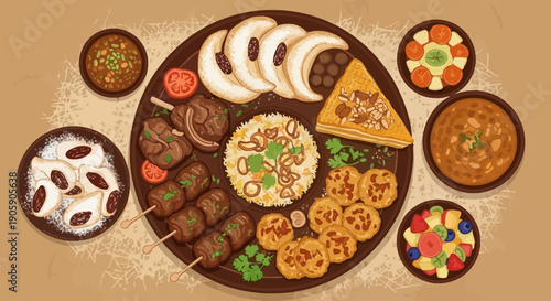 Assorted international dishes on a platter and surrounding bowls, showcasing various cuisines and delicacies from different cultures, viewed from directly above