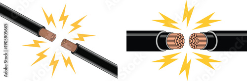 Broken copper electrical wires sparking, exposed stranded conductor, insulation damaged, short circuit hazard, high voltage power cable on white background