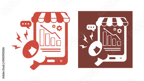 Digital marketing concept with a smartphone displaying a declining graph.