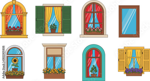 Set of colorful architectural window designs featuring shutters curtains flower boxes and indoor plants in various styles including arched rectangular and traditional wooden frames