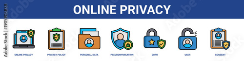 Online Privacy web banner icon set collection solid style.