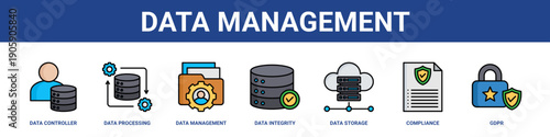 Data Management web banner icon set collection solid style.