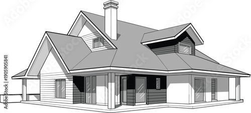 Modern pitched roof family house exterior perspective, architectural rendering, front elevation, porch, chimney, large windows, shaded monochrome sketch illustration linework