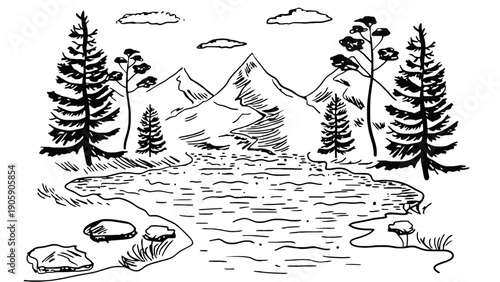 A hand-drawn illustration of a serene mountain lake surrounded by pine trees and rocks.