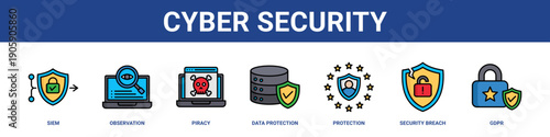 Cyber Security web banner icon set collection solid style.