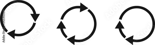 Set of black circular arrow icons for refresh update and recycle process, rotation symbols for loading or repeat isolated on white background flat vector.