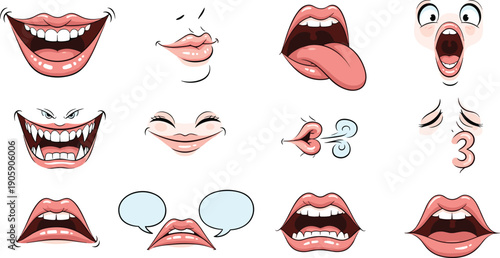 Cartoon Expressions Collection: Mouths Showing Various Emotions and Actions, Perfect for Animation, Graphic Design, and Character Development Projects Featuring Illustrated Faces