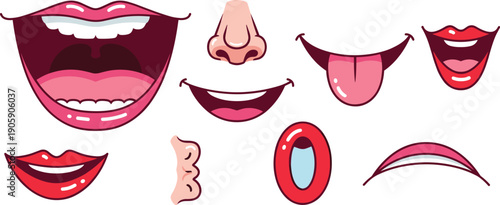 Cartoon Mouth Expressions: A Humorous Collection of Open Lips, Smiles, and Silly Faces for Animated Characters and Fun Design Projects (Vector Illustration)